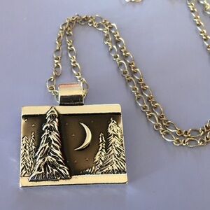 Night in Woods Silver Pendant, Trees, Crescent Moon, Rectangle, 925 Chain, Cord